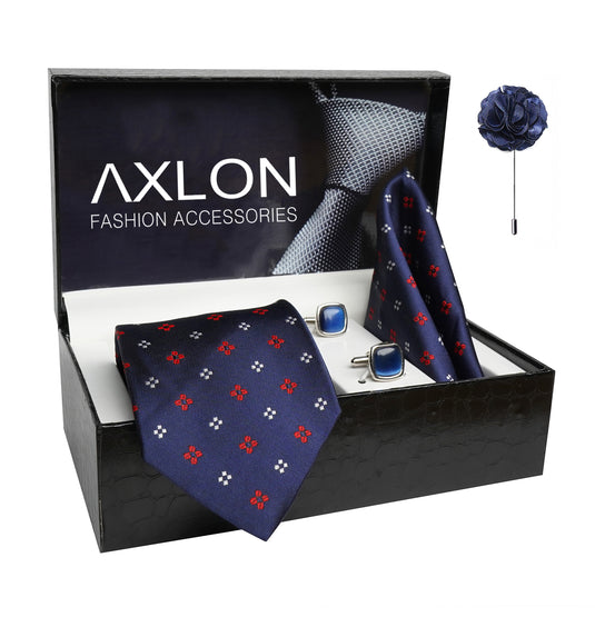 Axlon Mens Plaid Dotted Silk Necktie Gift Set With Pocket Square Cufflinks & Brooch Pin Tie For Men Formal With Leatherite Box