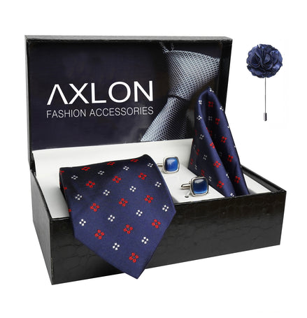 Axlon Mens Plaid Dotted Silk Necktie Gift Set With Pocket Square Cufflinks & Brooch Pin Tie For Men Formal With Leatherite Box