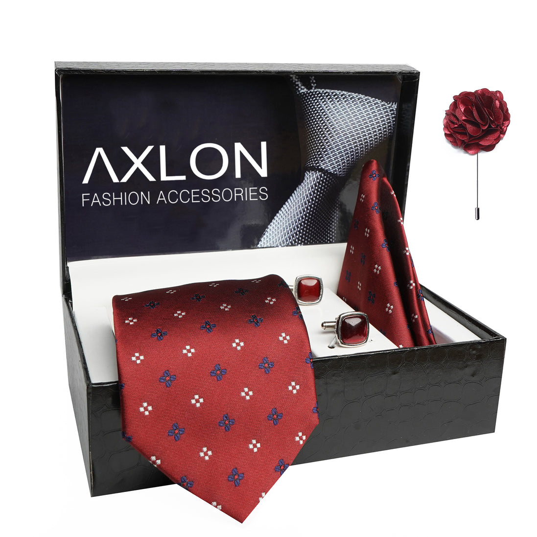Axlon Mens Plaid Dotted Silk Necktie Gift Set With Pocket Square Cufflinks & Brooch Pin Tie For Men Formal With Leatherite Box