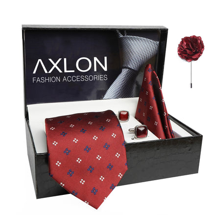 Axlon Mens Plaid Dotted Silk Necktie Gift Set With Pocket Square Cufflinks & Brooch Pin Tie For Men Formal With Leatherite Box