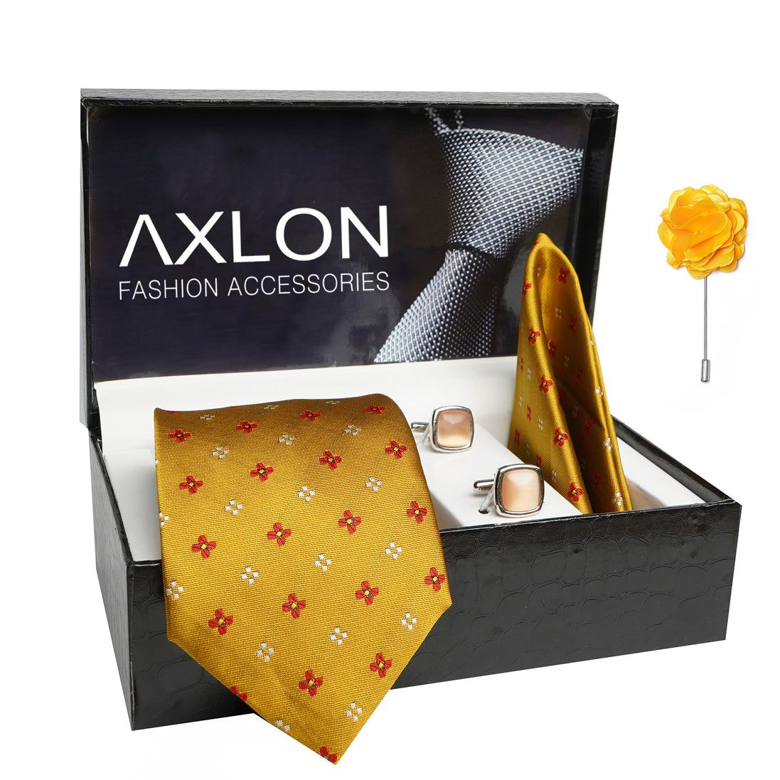 Axlon Mens Plaid Dotted Silk Necktie Gift Set With Pocket Square Cufflinks & Brooch Pin Tie For Men Formal With Leatherite Box