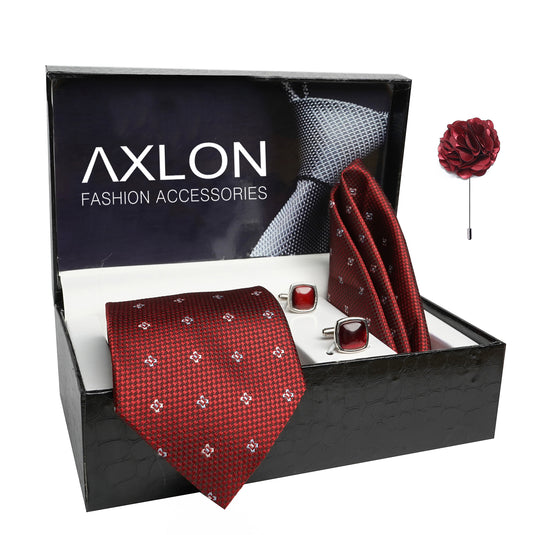 Axlon Mens Plaid Dotted Silk Necktie Gift Set With Pocket Square Cufflinks & Brooch Pin Tie For Men Formal With Leatherite Box