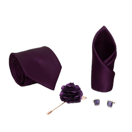 AXLONMen's Plain Micro Polyester Necktie Set with Pocket Square, Brooch Pin and Cufflinks (Free Size)