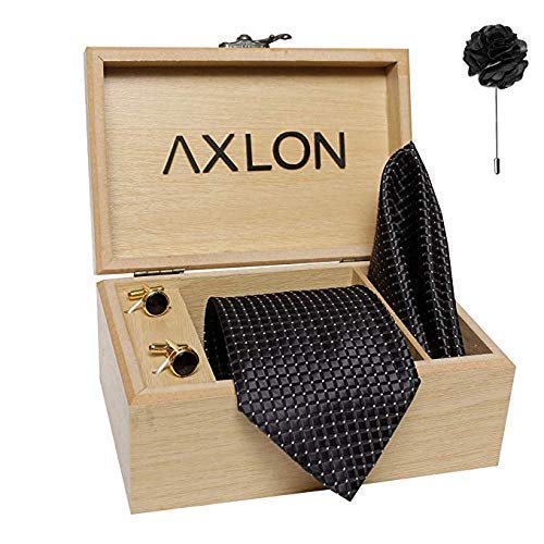 Axlon Men's Micro Polyester Dotted Necktie Set with Pocket Square, Brooch Pin and Cufflinks (Black, Free Size)