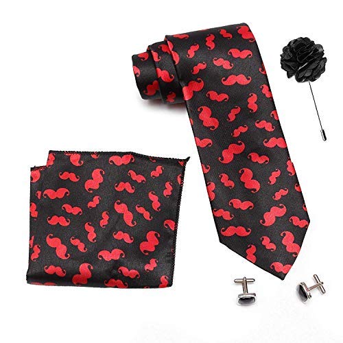 Axlon Men Formal/Casual Printed Satin Neck Tie Pocket Square Accessory Gift Set with Cufflinks and Brooch Pin - Black (Free Size, ltr_809)