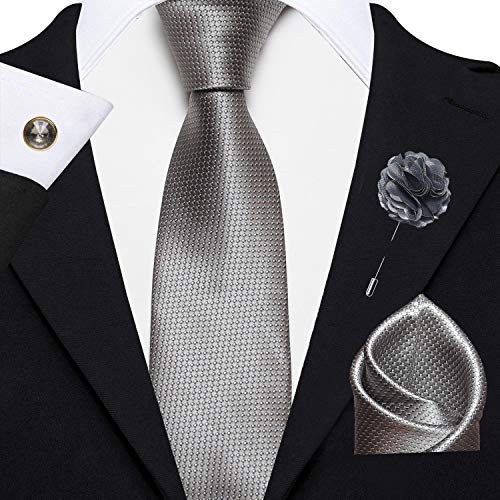 Axlon Men's Micro Polyester Dotted Necktie Set with Pocket Square, Brooch Pin and Cufflinks (Grey, Free Size)