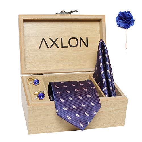 Axlon Men's Micro Polyester Necktie Set with Pocket Square, Brooch Pin and Cufflinks (Blue, Free Size)