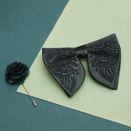 AXLON Premium Butterfly Embroidery Cut Dana Micro Fabric Oversize Big Bow Tie For Men With Flower Brooch Pin (Free Size)