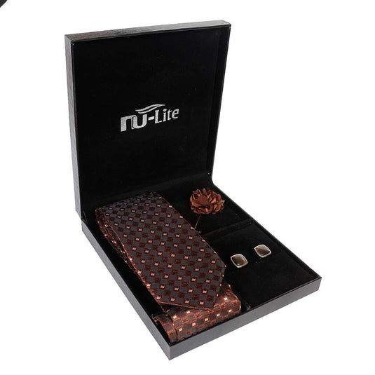 nu-Lite Men's Micro Polyester Casual Formal Printed Necktie Set with Pocket Square, Brooch Pin and Cufflinks (Free Size)