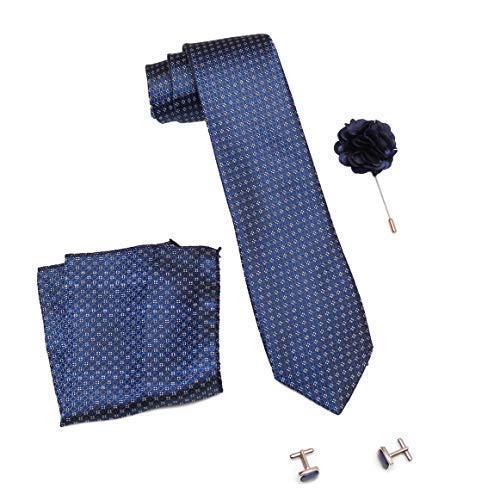 Axlon Formal/Casual Printed Polyester Necktie Set with Pocket Square, Brooch Pin and Cufflinks for Men (Free Size, Blue)