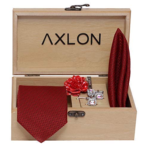 Axlon Men's Micro Polyester Necktie Set with Pocket Square, Brooch Pin and Cufflinks (DarkRed, Free Size)