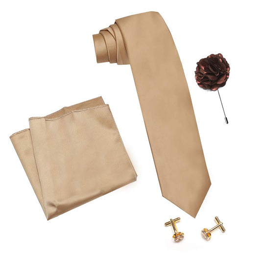 AXLON Men's Plain Micro Polyester Necktie Set with Pocket Square, Brooch Pin and Cufflinks (Free Size)