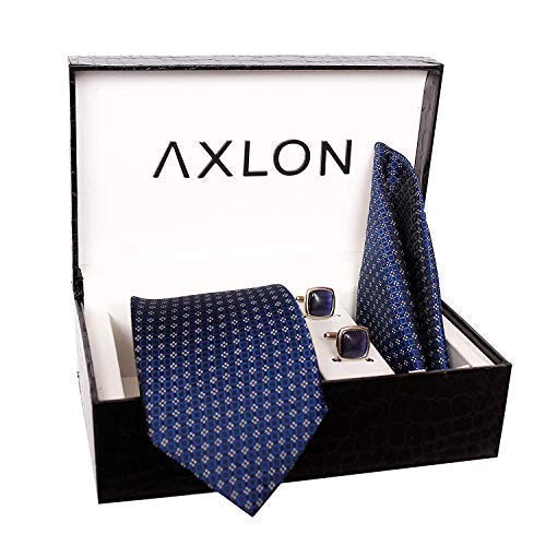 Axlon Formal/Casual Printed Polyester Necktie Set with Pocket Square, Brooch Pin and Cufflinks for Men (Free Size, Blue)