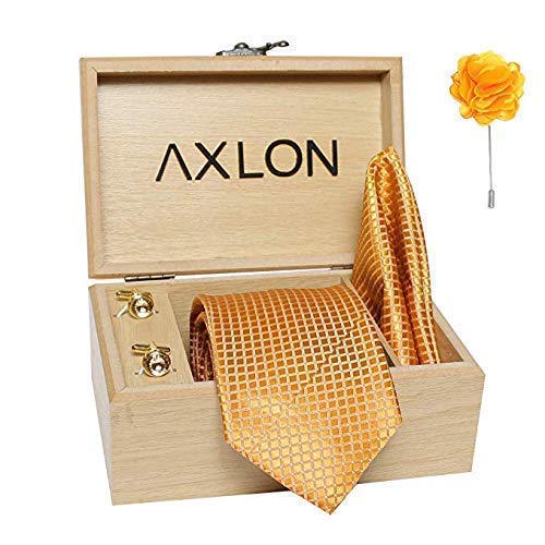 Axlon Men's Micro Polyester Square Dotted Necktie Set with Pocket Square, Brooch Pin and Cufflinks (Yellow, Free Size)