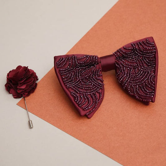 AXLON Premium Butterfly Embroidery Cut Dana Micro Fabric Oversize Big Bow Tie For Men With Flower Brooch Pin (Free Size)