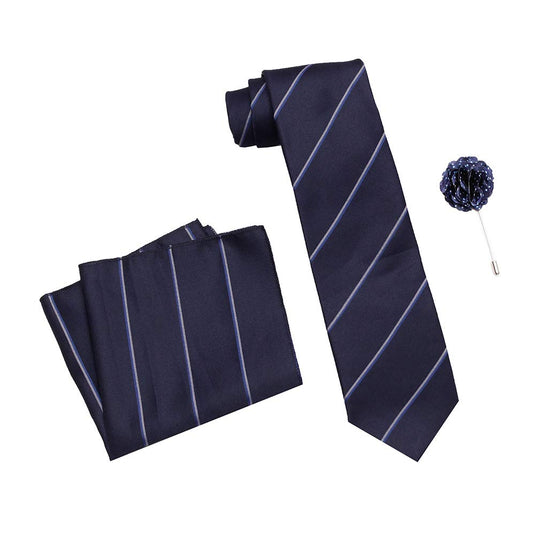 Axlon Men's Polyester Necktie Set with Pocket Square, Brooch Pin and Cufflinks (Free Size, Dark Blue)