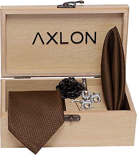 Axlon Men's Micro Polyester Necktie Set with Pocket Square, Brooch Pin and Cufflinks (Brown, Free Size)