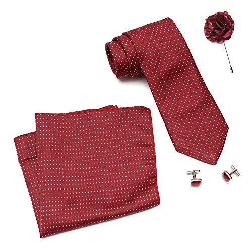 Axlon Men Formal/Casual Weaved Polyester Neck Tie Pocket Square Accessory Gift Set with Cufflinks and Brooch Pin - Red (Free Size, ltr_822)