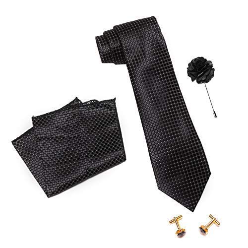 Axlon Men's Micro Polyester Dotted Necktie Set with Pocket Square, Brooch Pin and Cufflinks (Black, Free Size)