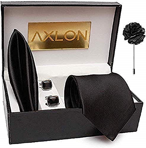 AXLON Men's Cotton Silk Necktie, Pocket Square, Label pin and Cufflink (Black, Free Size)