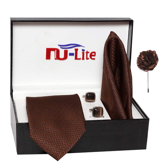 AXLON Men's Micro Polyester Necktie Set with Pocket Square and Brooch Pin (Brown , Free Size)