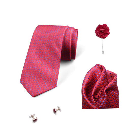 AXLON Men's Micro Polyester Necktie Set with Pocket Square and Brooch Pin (Red , Free Size)