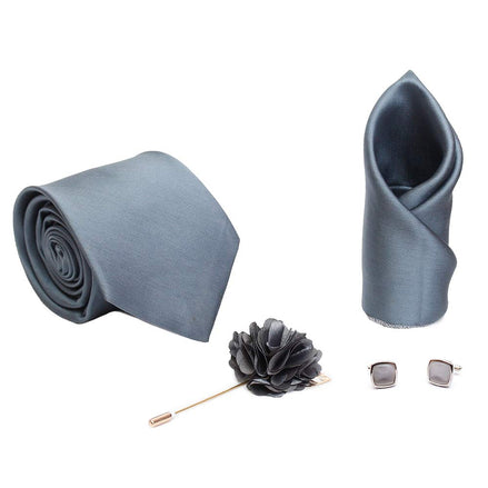AXLON Designer mens Necktie, Pocket Square, Cufflink Steel Grey Color (N-MultiTie-014, Free Size)