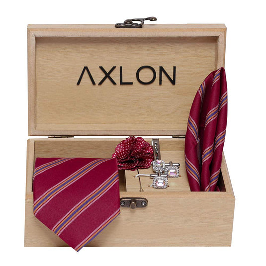 Axlon Men's Micro Polyester Necktie Set with Pocket Square, Brooch Pin and Cufflinks (Magenta, Free Size)