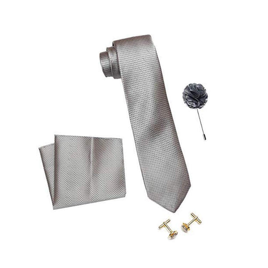 Axlon Men's Micro Polyester Dotted Necktie Set with Pocket Square, Brooch Pin and Cufflinks (Grey, Free Size)