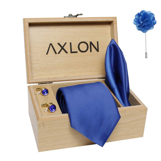 Axlon Men's Micro Polyester Plain Necktie Set with Pocket Square, Brooch Pin and Cufflinks (Blue, Free Size)