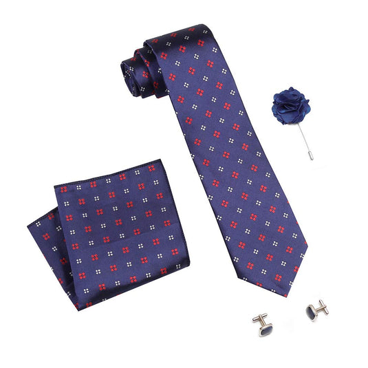 AXLON Men's Micro Polyester Printed Necktie Set with Pocket Square, Brooch Pin and Cufflinks (Free Size)