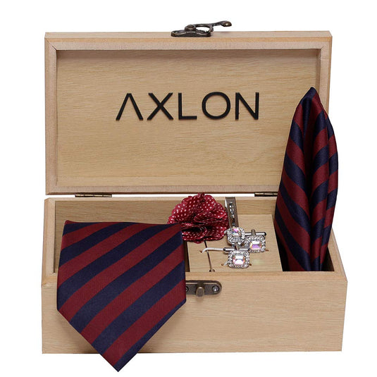 Axlon Men's Micro Polyester Necktie Set with Pocket Square, Brooch Pin and Cufflinks (Red and Blue, Free Size)