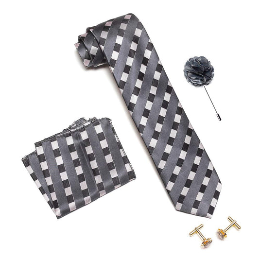 AXLON Men's Micro Polyester Checkered Necktie Set with Pocket Square and Brooch Pin (Grey , Free Size)