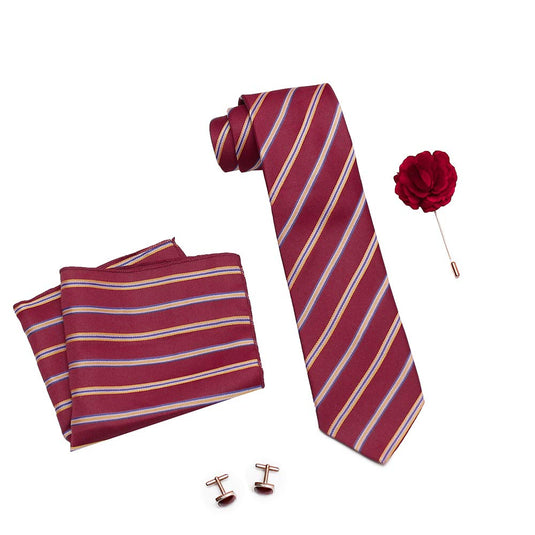 AXLON Men's Micro Polyester Stripped Necktie Set with Pocket Square, Brooch Pin and Cufflinks (Red, Free Size)