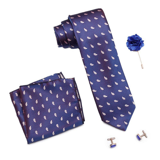 AXLON Formal/Casual Printed Polyester Necktie Set with Pocket Square, Brooch Pin and Cufflinks for Men (Free Size, Navy Blue)