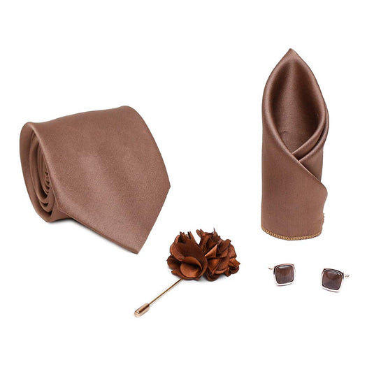 AXLON Designer mens Necktie, Pocket Square, Cufflink Brown (N-MultiTie-019, Free Size)