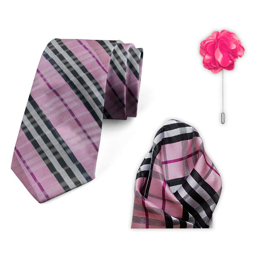 Axlon Men's Micro Polyester Checkered Necktie Set with Pocket Square and Brooch Pin (Pink , Free Size)