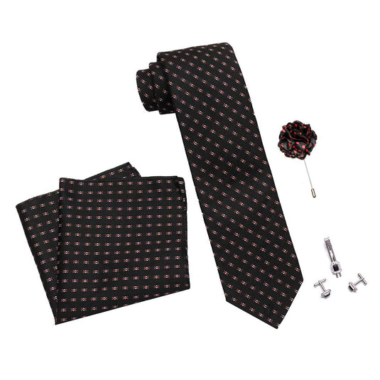 Axlon Men's Micro Polyester Necktie Set with Pocket Square, Brooch Pin and Cufflinks (Black, Free Size)