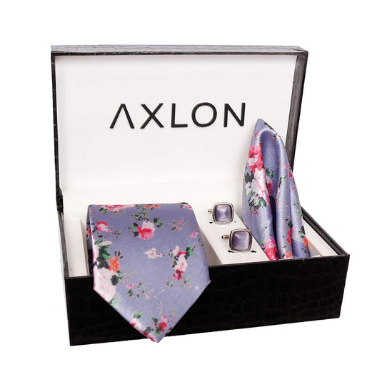 Axlon Formal/Casual Printed Polyester Necktie Set with Pocket Square, Brooch Pin and Cufflinks for Men (Free Size, Grey)