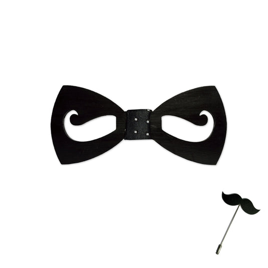 AXLOONMen Wooden Pre Tied Bow Tie With Brooch Pin Black (Bow_Mustache_M, Free Size)