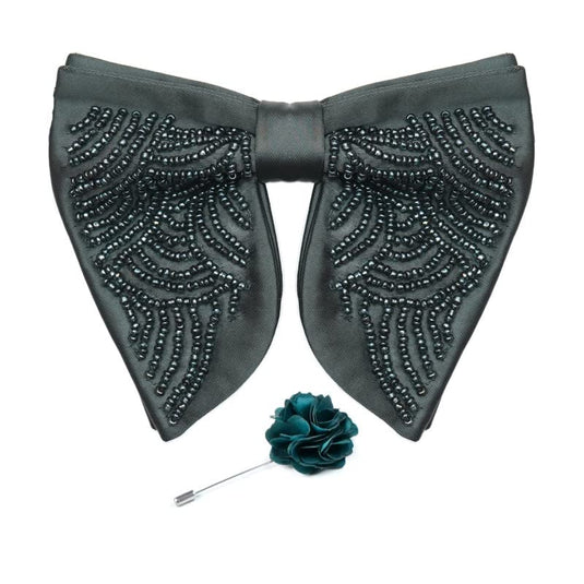 AXLON Premium Butterfly Embroidery Cut Dana Micro Fabric Oversize Big Bow Tie For Men With Flower Brooch Pin (Free Size)