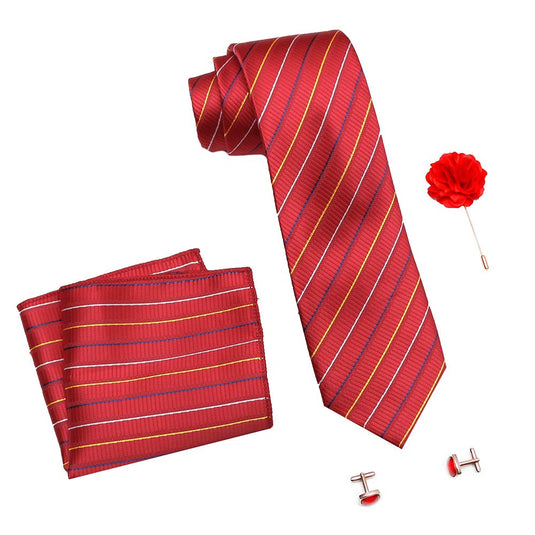 AXLONFormal/Casual Printed Polyester Necktie Set with Pocket Square, Brooch Pin and Cufflinks for Men (Free Size, Red)