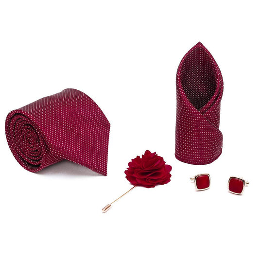 Axlon Men's Micro Polyester Necktie, Pocket Square, Brooch Pin and Cufflinks Combo (Red Maroon, Free Size)