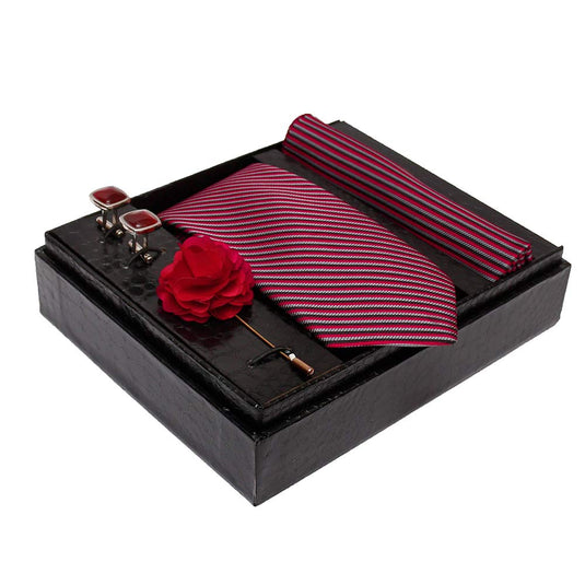 AXLON Formal/Casual Printed Polyester Necktie Set with Pocket Square, Brooch Pin and Cufflinks for Men (Free Size, Red)