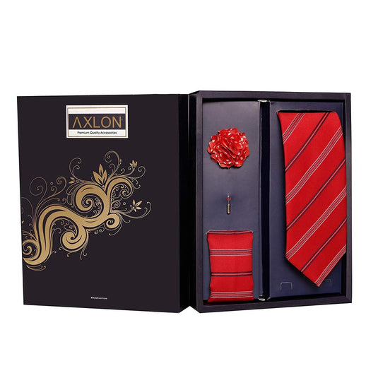 Axlon Men's Polyester Necktie Set with Pocket Square, Brooch Pin and Cufflinks (Free Size, Red)