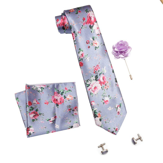 Axlon Formal/Casual Printed Polyester Necktie Set with Pocket Square, Brooch Pin and Cufflinks for Men (Free Size, Grey)