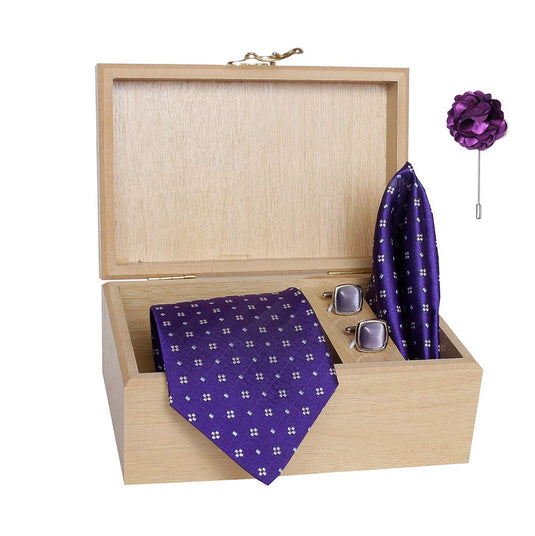 AXLON Men's Micro Polyester Necktie Set with Pocket Square, Brooch Pin and Cufflinks in Wooden Box (Free Size)