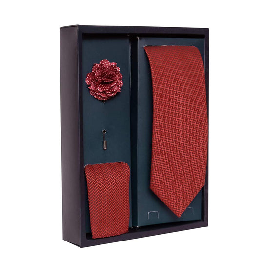 Axlon Men's Polyester Necktie Set with Pocket Square, Brooch Pin and Cufflinks (Free Size, Brick Red)