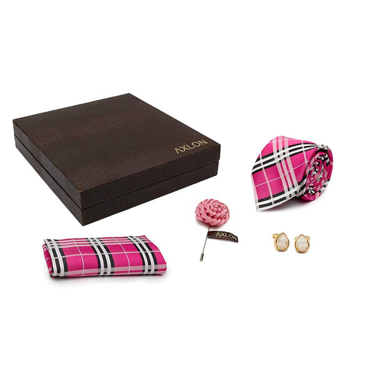 Axlon Men Silk Stain Resistant Check Print Neck Tie Accessory Gift Set- Pink(Free Size)