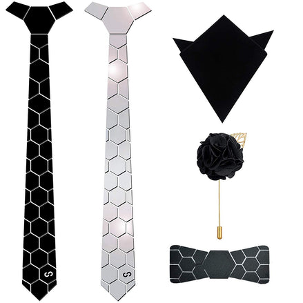 Axlon Mirror Pre Tied Reversible Metallic Mirror Tie Pocket Square and Brooch Pin Bow Tie for Men - Honey Comb (Free Size, Black Silver)